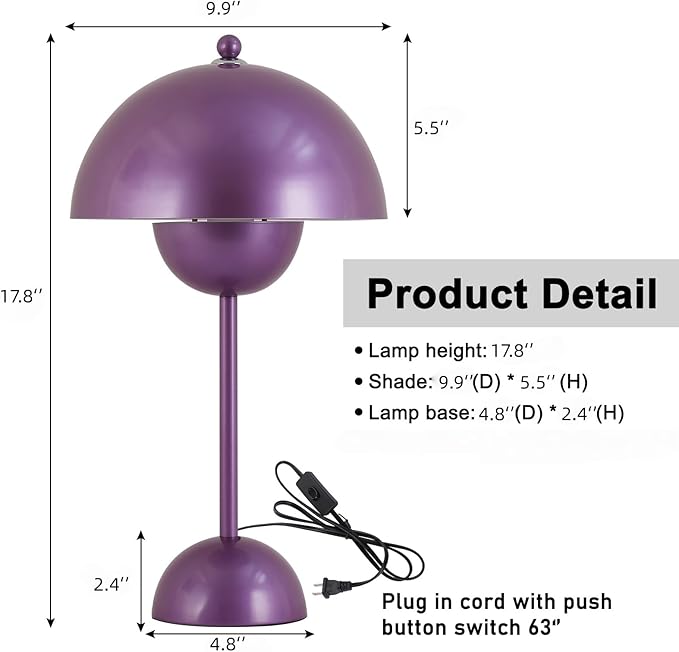 COSYLUX Modern Small Table Lamp for Bedroom, Cute Dome Shade Reflecting Light Reading Lamp for Living Room, Kid's Room, Study, Office, Beside Bedside Nightstand Desk Lamp(Pearl Purple)