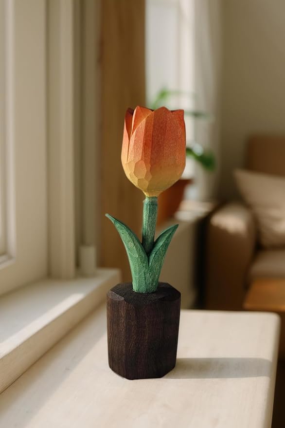 Handcrafted Wooden Tulip Figurine – Elegant Basswood Carved Sculpture, Unique Gift with Premium Gift Box, Ideal for Mother’s Day, Anniversary, Birthday, Home Office Décor (Orange)