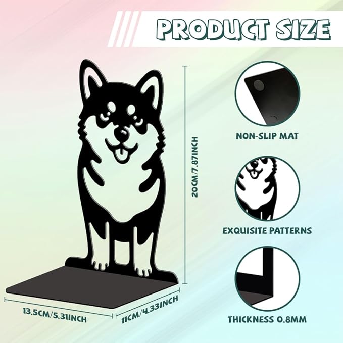 Peacoblue Metal Bookends for Shelves, Modern Decorative Heavy Duty Study Book Ends Stoppers for Office, Desk, Shelf, Room 5.3"x4.3"x7.9" Cast Iron Simple Tall Bookends 1 Pair (Cute Shiba Inu)