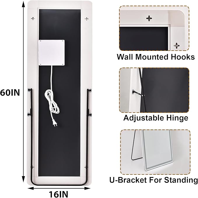 HARRITPURE LED Full Length Mirror - 60" x 16" LED Full Body Mirrors with Stand, Floor Standing Mirror with Lights for Bedroom/Cloakroom -Dimmable & 3 Color Lighting/Wall Mounted