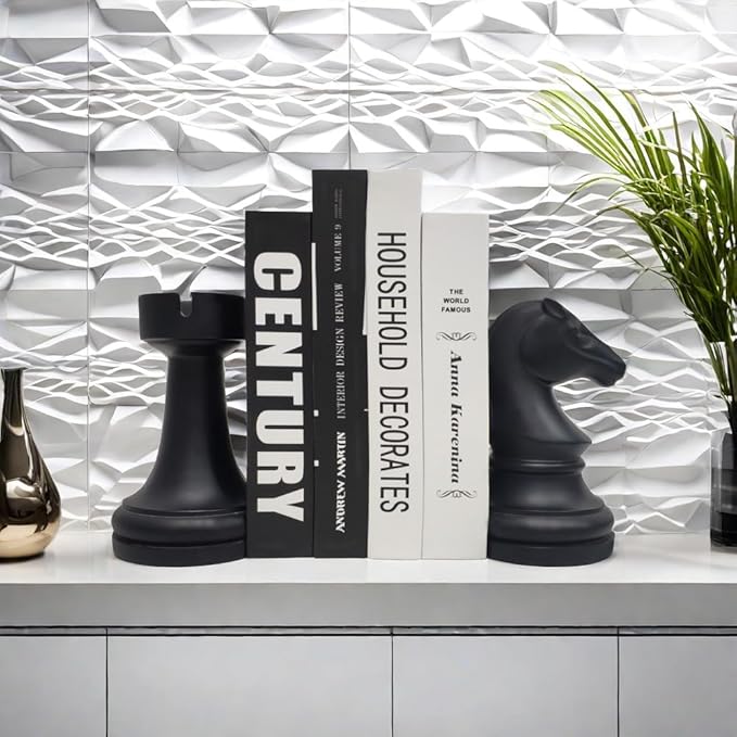 Chess Bookends Novelty Book Holders, Decorative Book Ends Modern Bookends Stoppers for Shelves, Black Heavy Duty Book Ends for Shelves Office Desk Decoration, Resin, 7" x 7"
