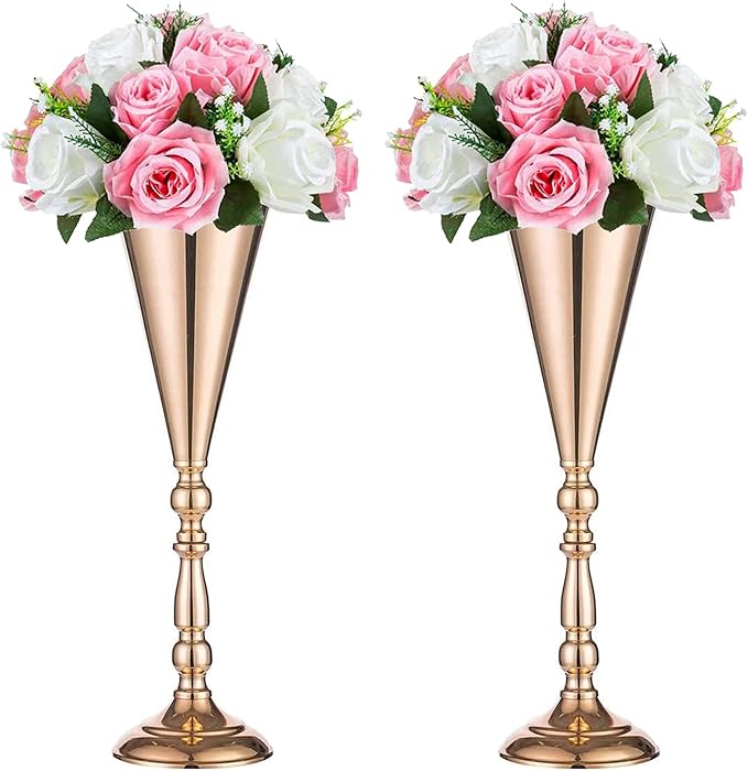 Sziqiqi Trumpet Floral Centerpiece Riser Stand for Wedding Reception Centerpieces Party Event Anniversary Birthday Decoration Flower Arrangement Pack of 2, Rose Gold 16.5in