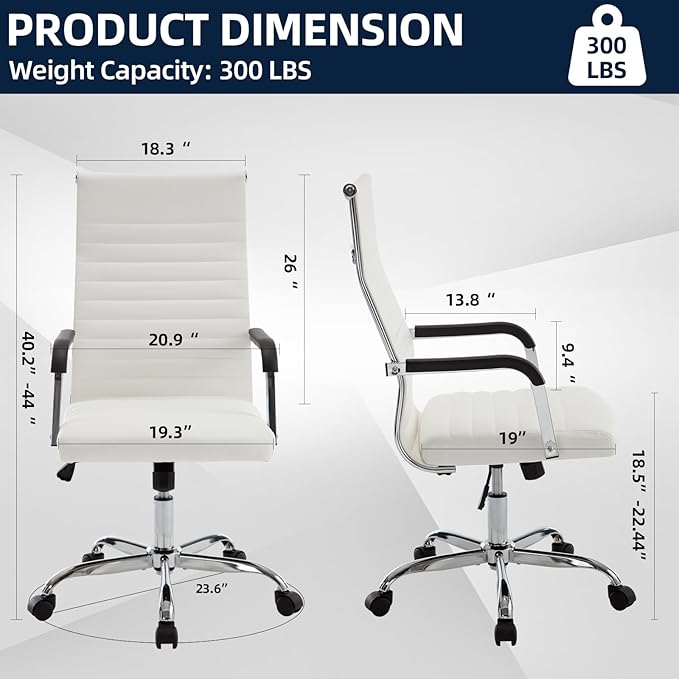 Haranuo Office Chair, Ergonomic Executive Conference Room Chairs, Ribbed Leather Desk Chair with Lumbar Support, Adjustable Height Mid-Back Swivel Chair (Square Tube Armrests, White)