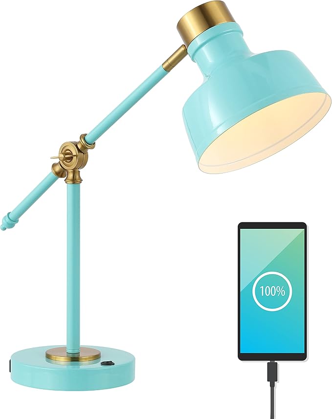 JONATHAN Y JYL7124C Allegra 18.5" Adjustable Cantilever LED Task Lamp, USB Charging Port, Classic, Coastal, Industrial, Farmhouse, Traditional for Bedroom, Living Room, Office, Cyan/Brass Gold