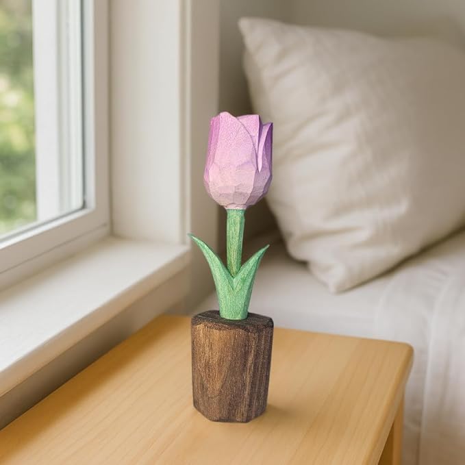 Handcrafted Wooden Tulip Figurine – Elegant Basswood Carved Sculpture, Unique Gift with Premium Gift Box, Ideal for Mother’s Day, Anniversary, Birthday, Home Office Décor (Purple)