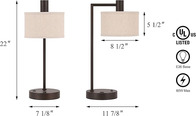 XiNBEi Lighting Table Lamp USB Desk Lamp with Fabric Shade, Modern Bedside Iron Lamp Dark Bronze Finish for Bedroom Living Room & Office XB-TL1230-DB