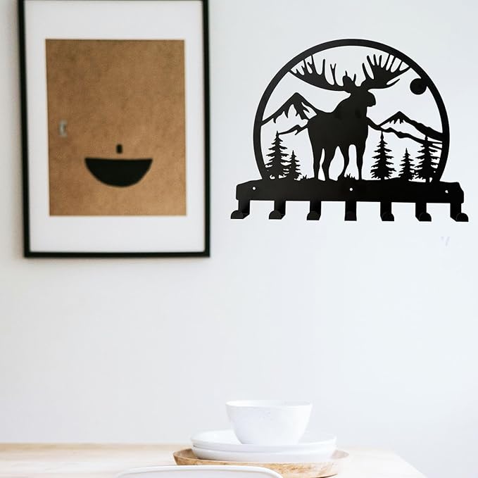 Durable Metal Wall Hooks with Deer & Dogs Silhouettes - 7 Hooks Home Storage Coat Key Holders- Set of 2