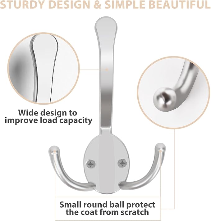 10 Pack Coat Hooks Heavy Duty, Metal Three Prongs Large Coat Hooks Wall Mounted with 20 Screws, No Rust Silver Rustic Wall Hooks for Hanging Towel, Coat, Scarf, Bag, Hat, Cup, Key