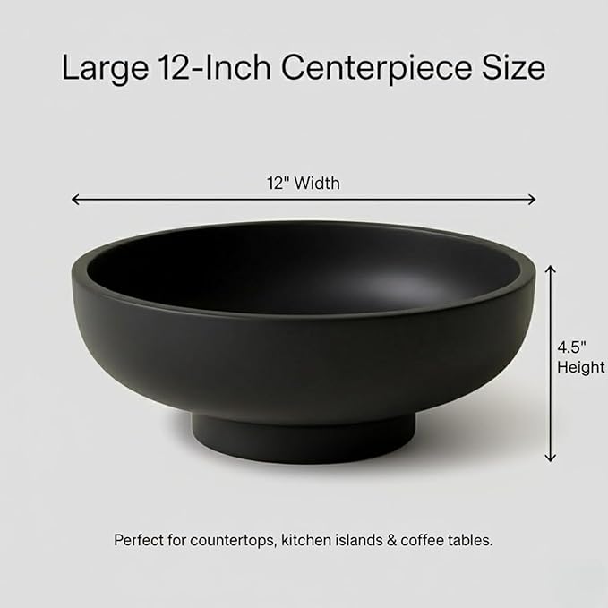 12" Concrete Extra Large Fruit bowl for Kitchen Counter, Coffee Table Decor, Decorative Key Bowl, Home Décor Accents, Kitchen Counter Decor Black