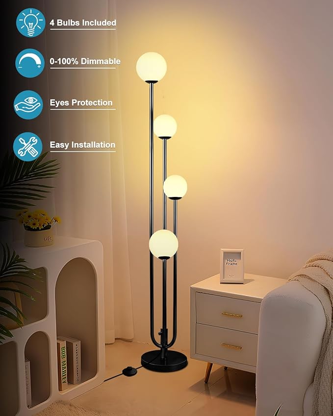 ACOHOOK 63IN 4-Light Dimmable Floor Lamp, Unique Black Tall Standing Lamps with Globe Shade &3000K G9 Bulbs for Reading, Mid Century Modern Floor Lamp for Living Room Bedroom Office