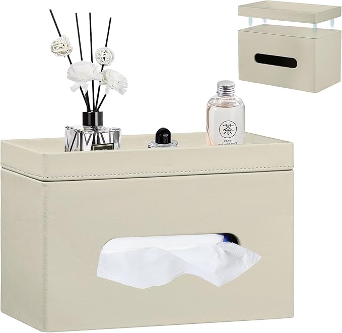 PU Leather Tissue Box Cover Rectangle with Detachable Storage Tray,Fits 230-Count Box Tall Rectangular,Modern Decorative Tissue Box Holder/Organizer for Bathroom,Bedroom Dresser,Night Stand