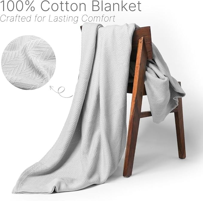 9Threads 100% Cotton Herringbone Weave Blankets, 66"X90" Twin, Throw Blanket for Bed,All Season Cotton Blanket, Cozy Blanket,Throws Bed Blanket, Throw Blanket for Couch,Modern Home Decor -Light Grey