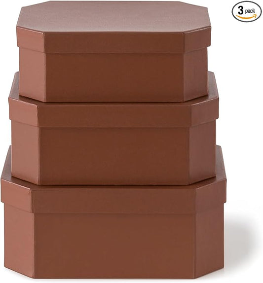 Soul & Lane Octagon Vegan Leather Decorative Boxes in Light Brown, Set of 3 Unique Durable Nesting Cardboard Storage Memory Boxes for Organizing, Keepsakes, Gifts
