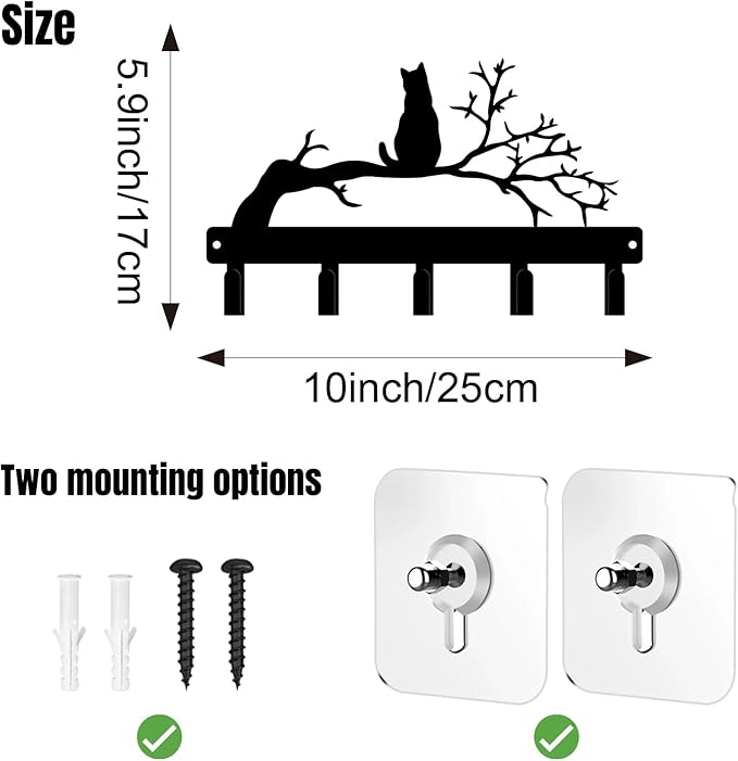magilab Cat-Themed 10-Inch Iron Key Hooks with 5 Hooks, Black Wall Organizer - Cute Cat Design for Home Decor, No Drill & Screw-in Options (Style J)