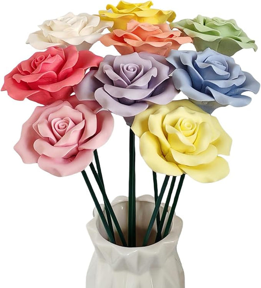 Handmade Porcelain 3D Ceramic Rose Flower, Eternal Flower Decoration for Home Office Decor, Creative Desktop vases, Porcelain Decorations, Set of 9 (Colour)