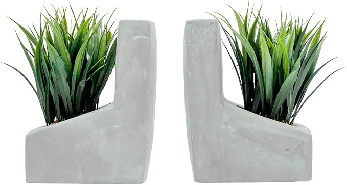 MyGift Decorative Bookends, Heavy Duty Book Ends with Artificial Green Grass Plants, Book Stands for Office Desktop, Bookshelf, Modern Gray Concrete L-Shaped