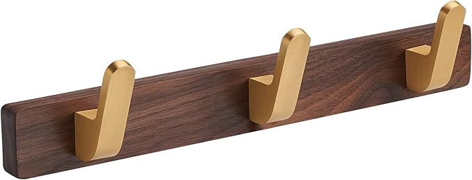Wall Mounted Coat Rack, Entryway Hanging Coat Rack, Metal Wood Coat Rail with 3 Rustic Hooks Rail for Coat, Scarf, Bag, Towel, Key, Cap, Hat, Walnut Gold Matt