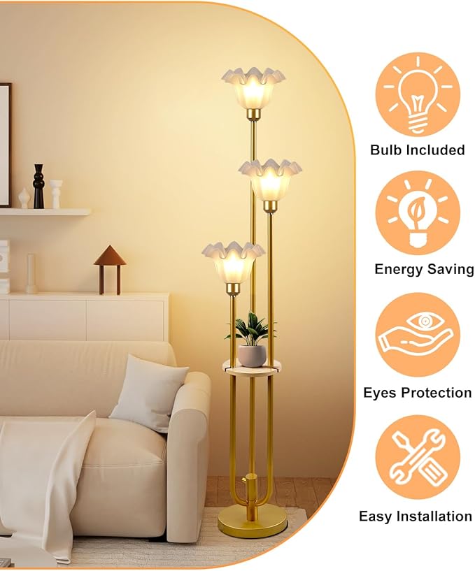 Lightdot Flower Floor Lamp for Living Room, Dimmable Vintage Floor Lamp with Shelf &3 LED Bulbs, 3 Light 3000K Soft Warmwhite Gold Mid Century Standing Lamp, Floral Tall Lamp for Bedroom Office