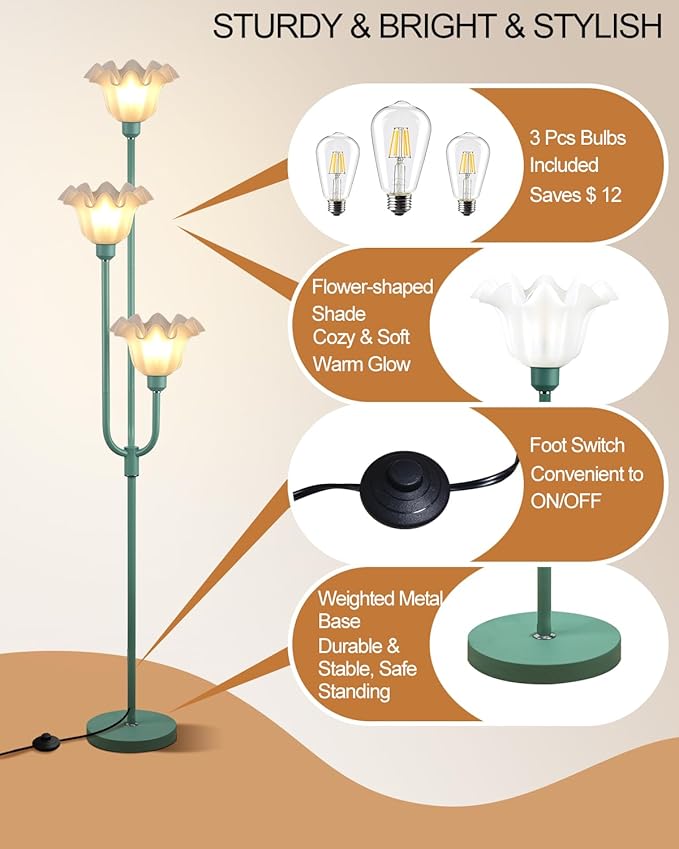 ACOHOOK Flower Floor Lamp for Living Room, Dimmable Vintage Floor Lamp with Shelf & LED Bulbs, 3 Light 3000K Soft Warmwhite Mid Century Gold Standing Lamp, Floral Tall Lamp for Bedroom Office-Green