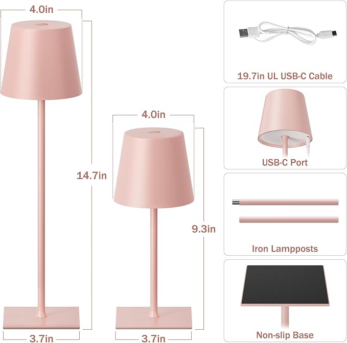 Pink Cordless Rechargeable Table Lamp, 2 Pack Portable Desk Lamp with 5000mAh Battery, Touch Control Stepless Dimming, Wireless Night Light for Dining, Outdoor Camping, Coffee Shop, Waterproof Design