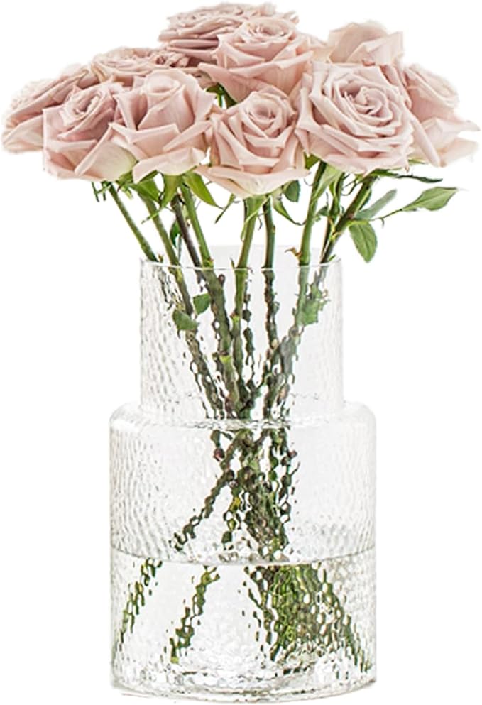 Ribbed Vase Glass Fluted Flower - Esmiome Clear Vases Modern Flower Vase Decorative with Big Capacity Pot Large Wide for Flowers Home Office Wedding, Office, Living Room, Table,Shelf, 6.3''(W)*10''(H)