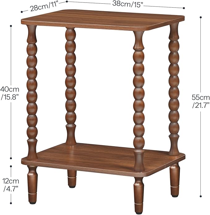 HOOBRO End Table, 2-Tier Small Side Table with Spindle Legs, Nightstand with Storage Shelves, Sofa Side Table, for Living Room, Bedroom, Small Space, Walnut WL189BZ01