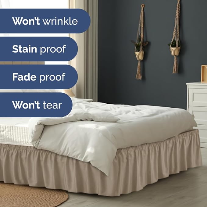 Wrap Around Dust Ruffle Bed Skirt - Cream - for King Size Beds w/ 14 Inch Drop - Easy Fit Elastic Strap - Adjustable Pleated Bedskirt w/Brushed Fabric, Wrinkle & Fade Free Women, Men, Kids & Teens