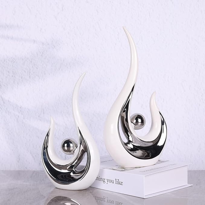 DOVDOV Abstract Ceramic Statues Set of 2, Silver and White Home Decor, Now Decorative Centrepieces, Consoles, Shelves, Dining Table Centrepieces, Entry Table Decor Aesthetics