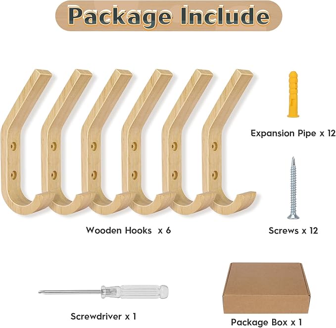 Wooden Coat Hooks Wall Hooks,Rustic Natural Oak Wood Wall Hooks for Hanging Decorative Vintage Organizer Heavy Duty Entryway Wall Mounted Hangers Hooks for Hat Rack,Coats,Towels, Key,Bags(6 Pack)