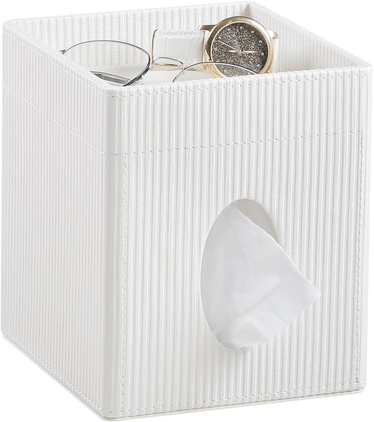 Square Tissue Box Cover with Tray, PU Leather Tissue Box Holder Decorative Cube Tissue Holder for Bathroom Bedroom Office (Cream)