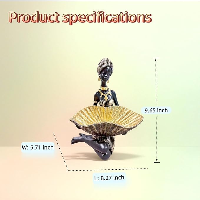 African Woman Kneeling Statue with Large Leaf Bowl – Resin Figurine, Black and Gold Cultural Sculpture, African Decor Candy Jewelry Dish