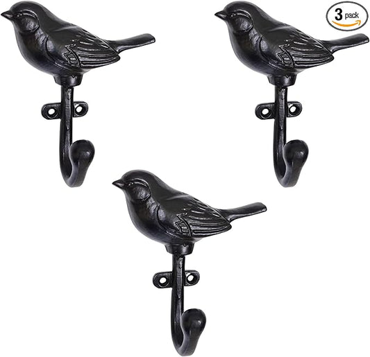 Set of 3 Cast Iron Bird Shape Coat Hooks Wall Art Decor-Bird Shape Hangers and Key Holder-Clothes Rack and Backpack Hanger-Coat Hooks Home Decor for Storage, Living Room, Hallway, Office