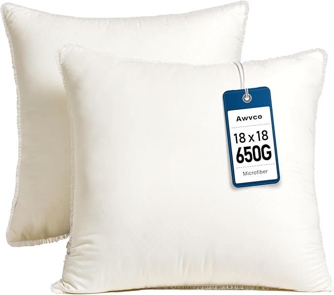 Awvco 18 x 18 Throw Pillow Inserts - Soft and Plush, Virgin Fiber Filling, Decorative Pillows for Couch Sofa Bed, Machine Washable - White, Pack of 2