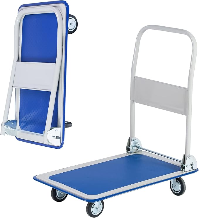 Push Cart Dolly Platform Truck Folding Foldable Flatbed Dolly Metal with Wheels Hand Trucks Heavy Duty Rolling Tool Cart, Blue - 330lbs Capacity