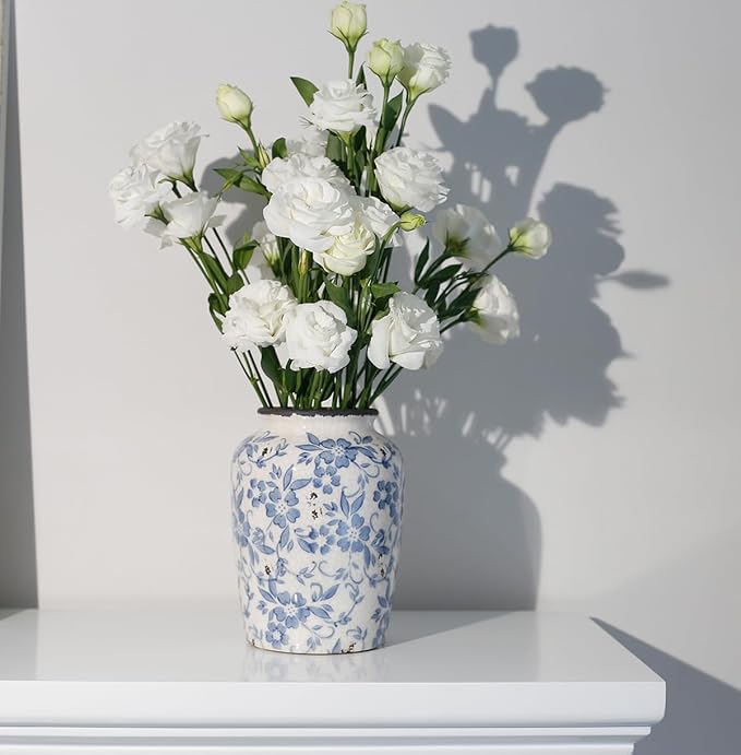 Light Blue White vase Flower Ceramic Porcelain Vintage Chinoiserie Floral French 8" H