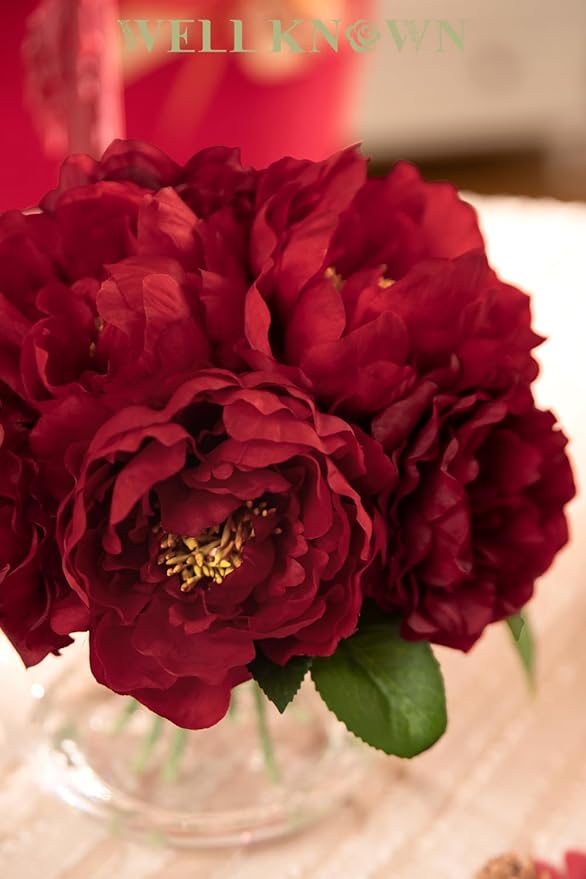 Artificial Flowers in Vase, Silk Burgundy Classical Red Peonies Flowers for Vase with Faux Water, Fake Flower Arrangements for Winter Coffee Christmas Dining Table Centerpieces Decor & Mom's Gift