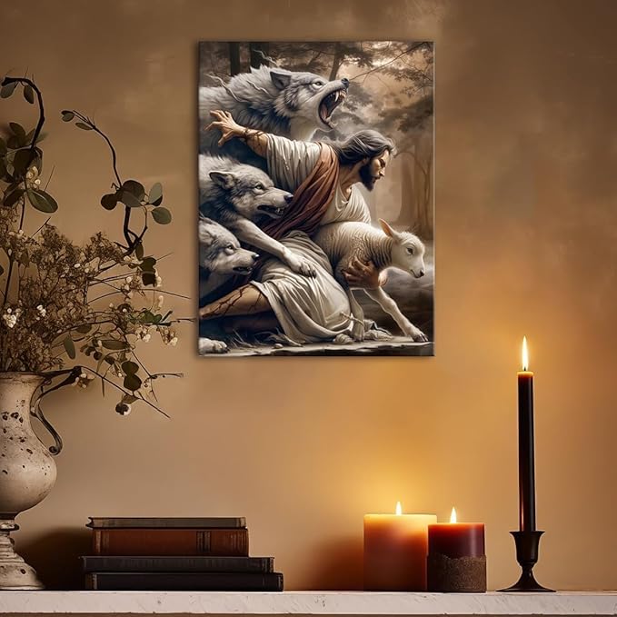 Jesus and Lamb Canvas Wall Art Jesus Saves the Lost Lamb Poster Wall Decor God Protect A sheep From Wolves Print Painting Christian Picture Artwork for Living Room Bedroom Church 16x24in Framed