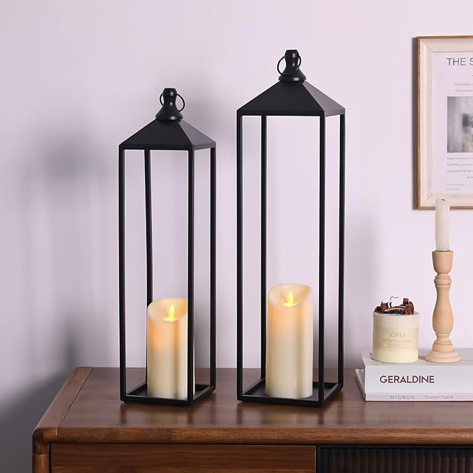 22'' 19'' Large Lanterns Decorative Outdoor Indoor, Set of 2 Black Metal Candle Lanterns Christmas Lanterns Modern Farmhouse Floor Lanterns Decorative for Home Decor, Mantle, Patio, Porch, Garden