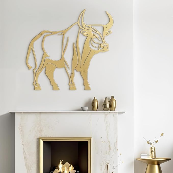 SIGNLEADER Metal Wall Art Decor Ferocious Cow Minimalist Modern Abstract Wall Sculpture Hangings Home Decoration for Living Room, Bedroom, Bathroom, Kitchen, Outdoor - 18" Gold