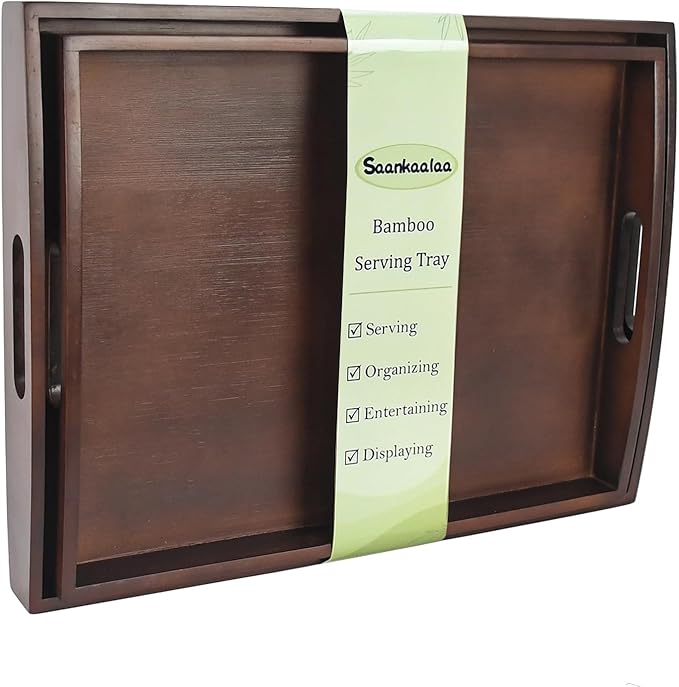 Bamboo Serving Tray with Handles, Set of 2 Large Wood ServingTrays for Food & Coffee, Elegant Wooden Tray for Breakfast in Bed, Kitchen & Party - Black Walnut Finish