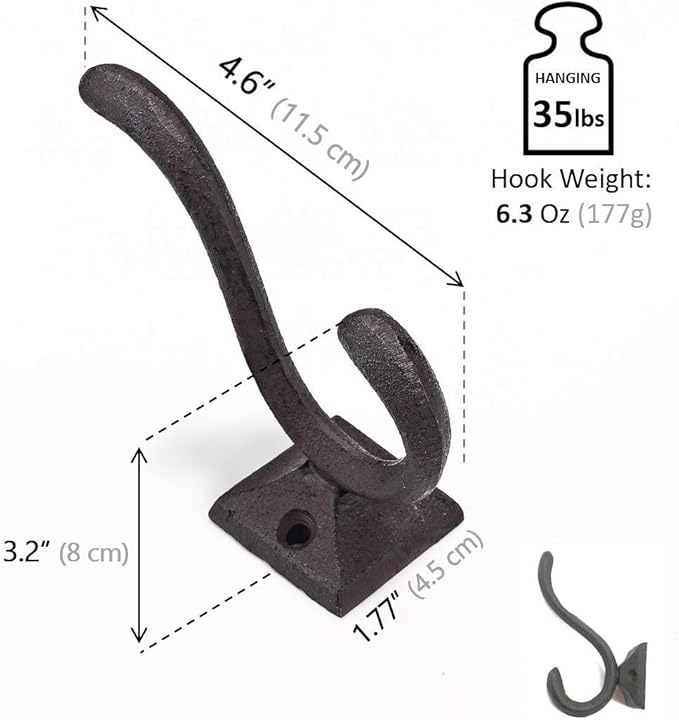 Ambipolar 5-Pack Antique Black Wall Hooks, Vintage Modern Farmhouse Style, Decorative Cast Iron Wall-Mounted Hooks, Heavy Duty Hooks for Mudroom, Bedroom, Hallway