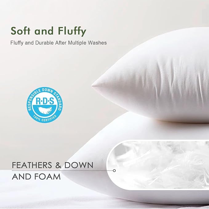 TOPGREEN Feathers Down Throw Pillow Inserts 16 x 16, Set of 2, 100% Organic Cotton Shell, Soft Decorative Square Pillows Insert for Living Room Sofa, Couch, or Bed (White)