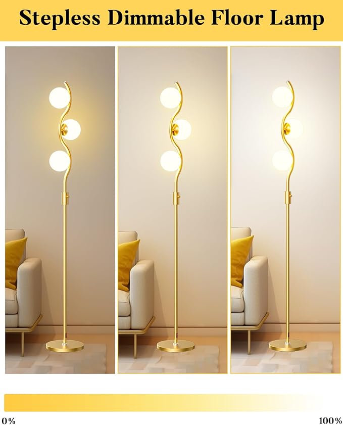Lightdot 60IN Gold Floor Lamp Stepless Dimmable Globe Floor Lamps with 3Pcs 3000K G9 Bulbs Eye-Friendly Mid Century Standing Lamps with Stable Base for Living Room/Bedroom/Corner