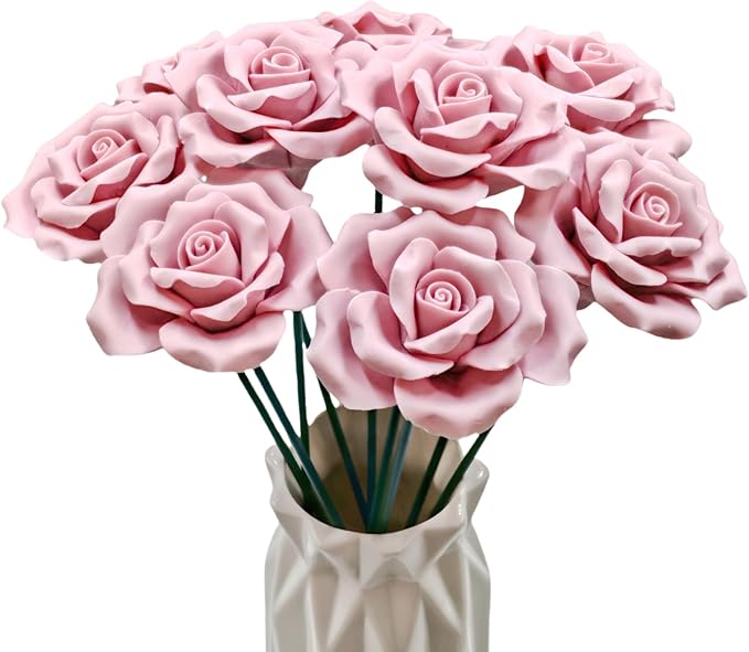 Handmade Porcelain 3D Ceramic Rose Flower, Eternal Flower Decoration for Home Office Decor, Creative Desktop vases, Porcelain Decorations, Set of 9 (Pink)
