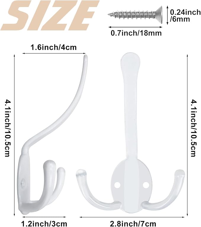 20 Pack Coat Hooks Heavy Duty, Metal Three Prongs Large Coat Hooks Wall Mounted with 40 Screws, No Rust White Rustic Wall Hooks for Hanging Towel, Coat, Scarf, Bag, Hat, Cup, Key