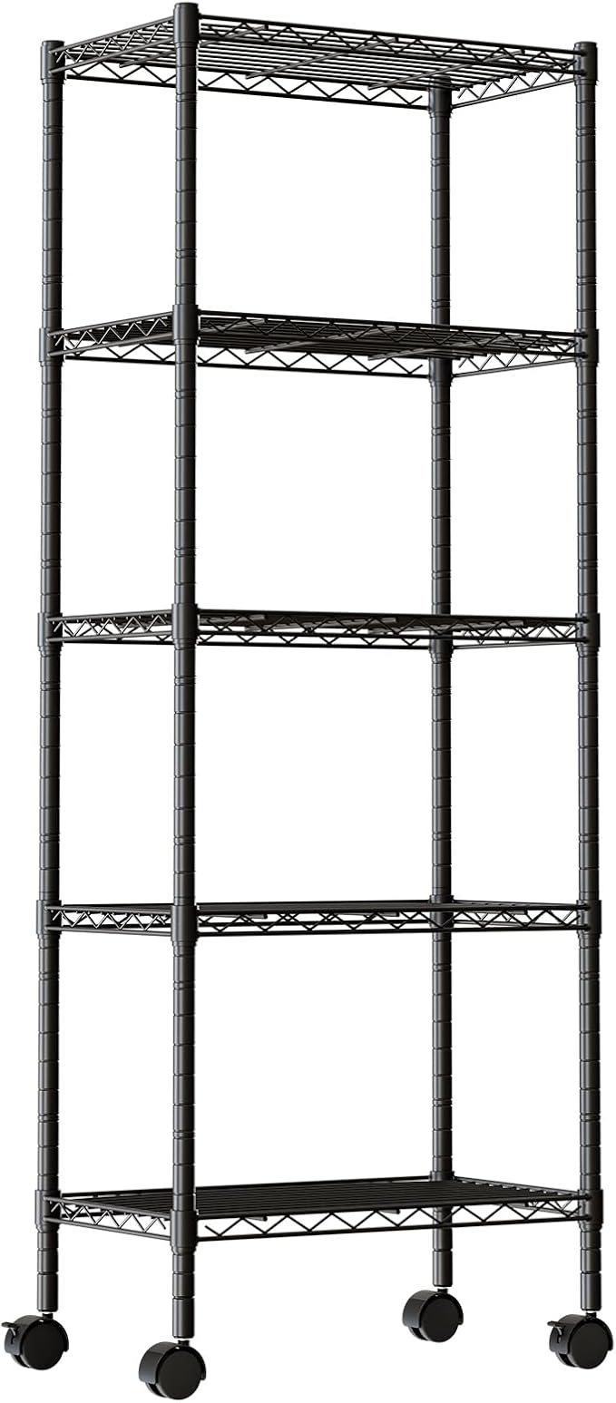 DUMOS 5 Tier Metal Shelving, Heavy Duty Shelves Wire Shelving Unit with Removable Wheel Casters, Shelves Organizer for Bathroom Garage Living Room Kitchen Pantry Laundry