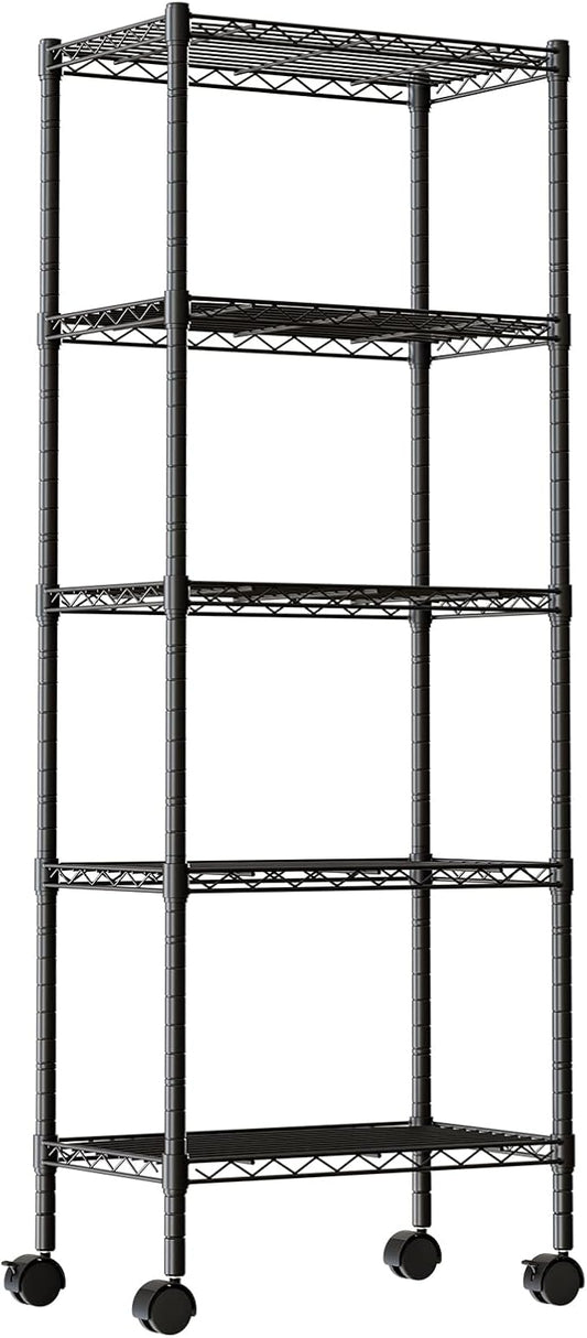 DUMOS 5 Tier Metal Shelving, Heavy Duty Shelves Wire Shelving Unit with Removable Wheel Casters, Shelves Organizer for Bathroom Garage Living Room Kitchen Pantry Laundry