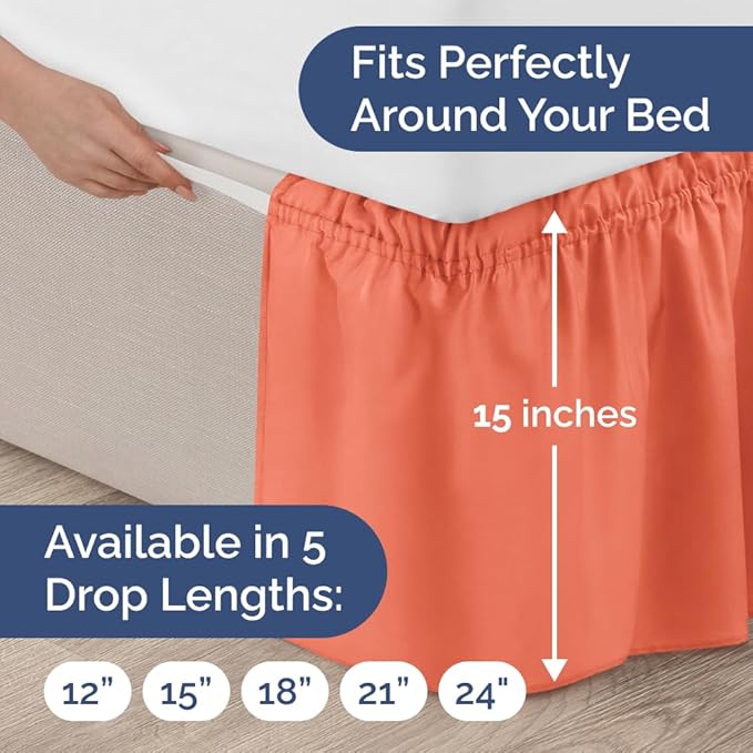 Wrap Around Dust Ruffle Bed Skirt - Coral - for Full Size Beds with 15 Inch Drop - Easy Fit Elastic Strap - Adjustable Pleated Bedskirt w/Brushed Fabric - Wrinkle Free - for Women, Men, Kids & Teens