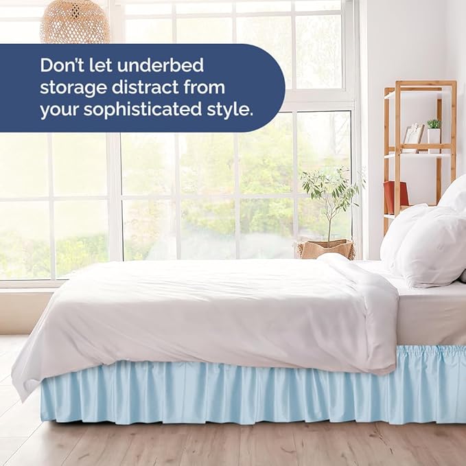 Wrap Around Dust Ruffle Bed Skirt - Light Blue - Twin/Twin XL Size Beds with 21 Inch Drop - Elastic Strap - Adjustable Pleated Bedskirt with Brushed Fabric and Wrinkle Free - Women, Men, Kids & Teens