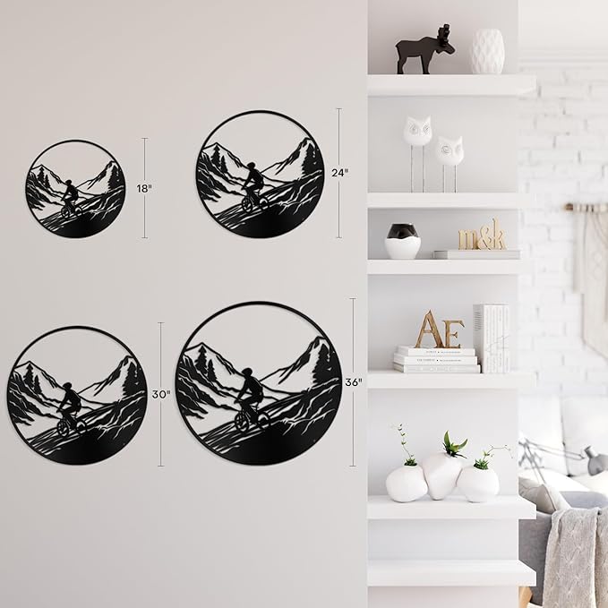 SIGNLEADER Metal Wall Art Decor Mountains, Pine Trees, Cyclists Modern Abstract Wall Sculpture Hangings Home Decoration for Living Room, Bedroom, Bathroom, Kitchen, Outdoor - 18" Black